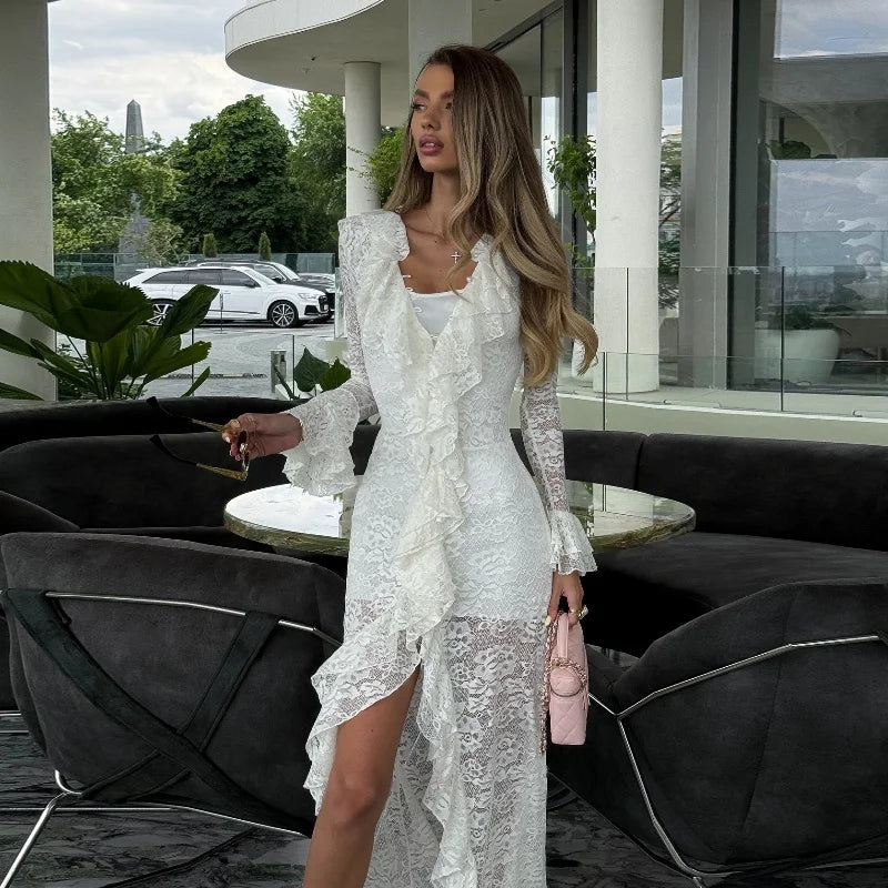 White Lace Ruffle Chiffon V-Neck Slit Long Dress