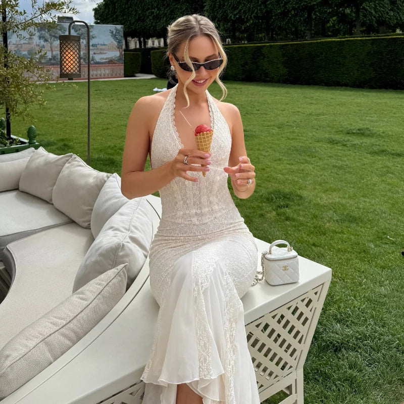 Apricot Lace V-Neck Backless Bodycon Maxi Dress