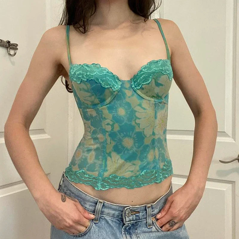 Floral Print Bustier Fairycore Top with Lace Patchwork