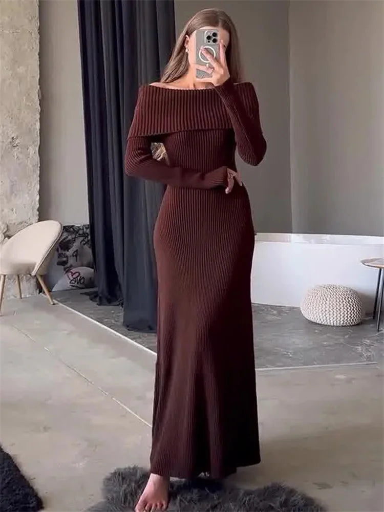 Knit Long Dress Off-Shoulder Ribbed Loose High Waist Dress Ladies Knit Maxi Dress