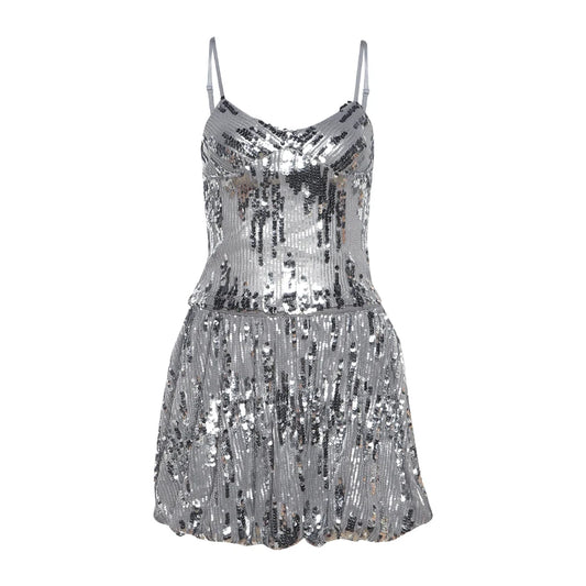 Gray Sequins Glitter Top & Puffy Skirt Set