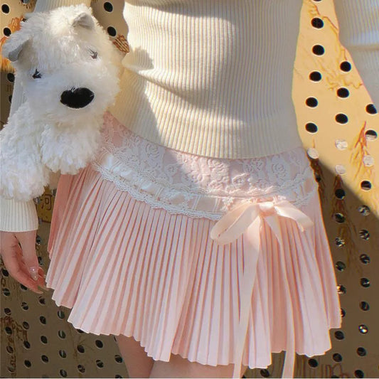 Pink Pleated Lace Bow Mini Skirt