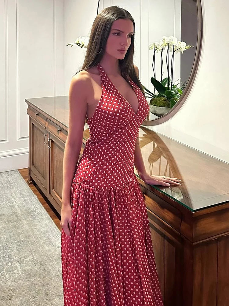 Red Polka Dot Halter Backless A-Line Maxi Dress