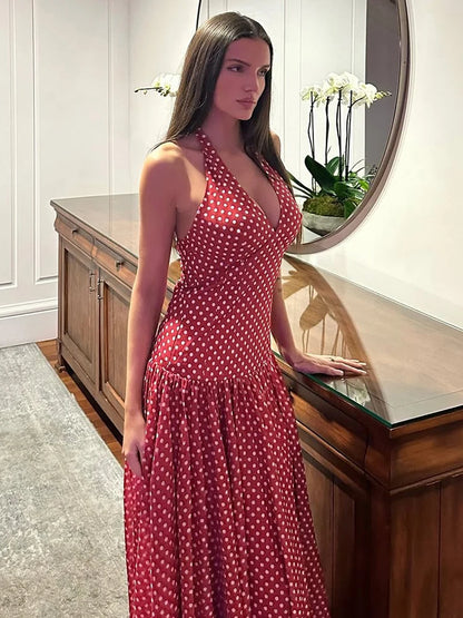 Red Polka Dot Halter Backless A-Line Maxi Dress