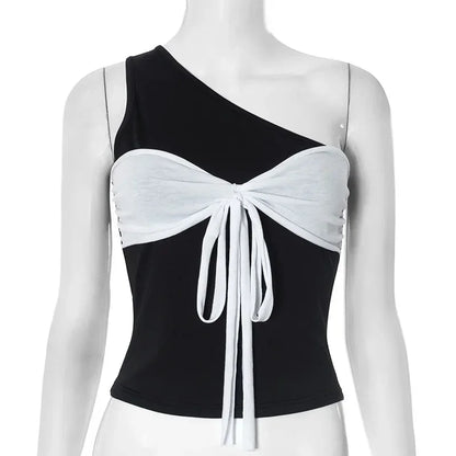 One-Shoulder Bow Contrast Color Tank Top Black