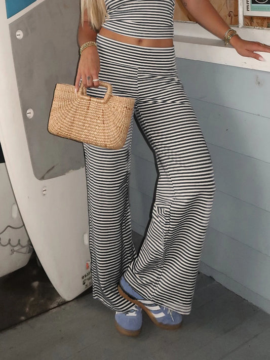 Strip Looe Pant Turn-down Wait Wide Leg Trouer Bottom