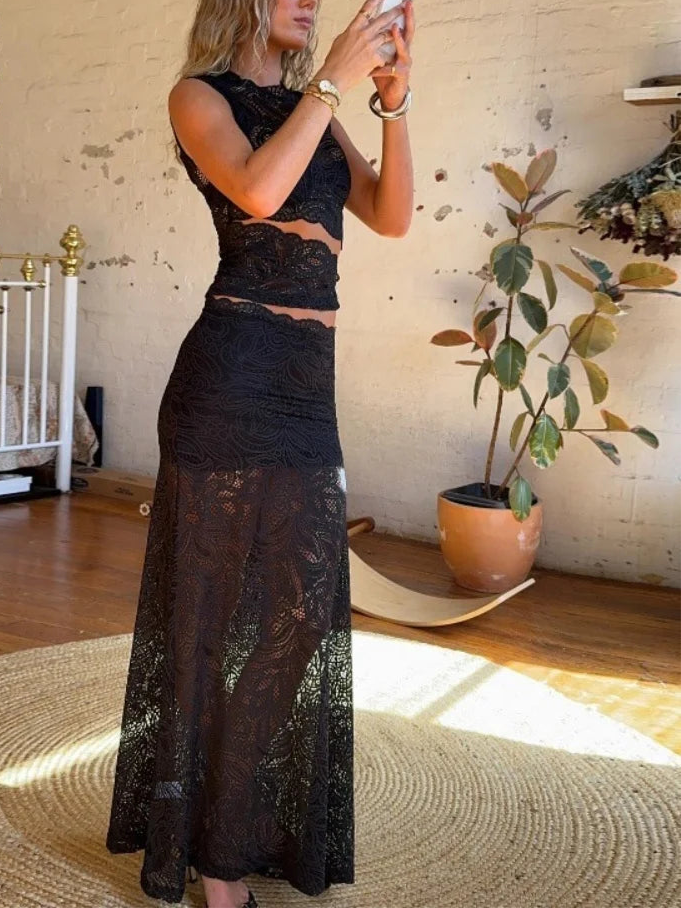 Black Lace See Through Top and Maxi Skirt Two Piece Set