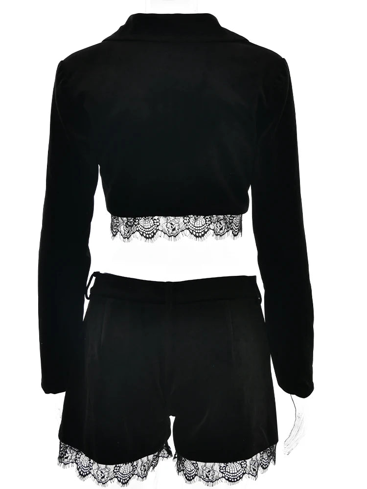 Notch Collar Lace Blazer Set Black Single Button Blazer Short Pant Set Two Piece Set