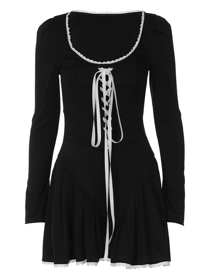 Lace-Up Puff Sleeve Pleated Mini Dress - Evening Wear 2023