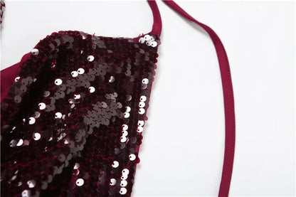 Claret Sequins Backless Swing Collar Top