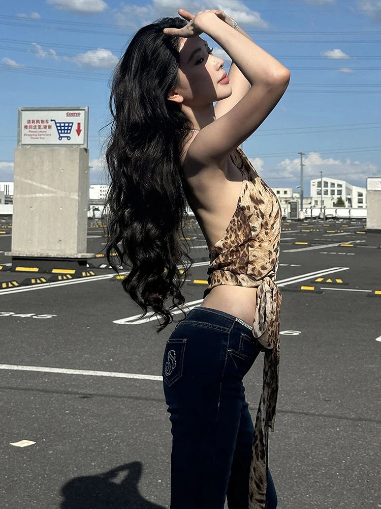Leopard Backless Halter Tank Top