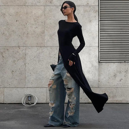 Asymmetrical Long Sleeve Black Top