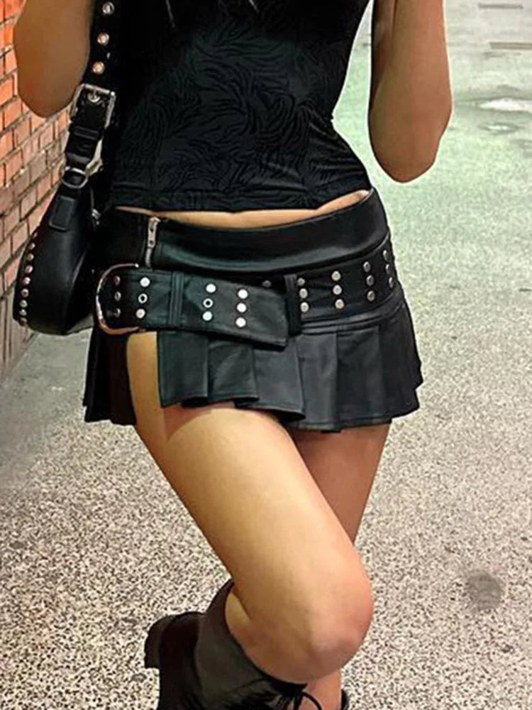 Low Waisted PU Black Mini Shorts Grunge Adjustable Zipper Bottoms