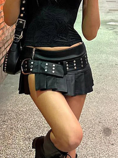 Low Waisted PU Black Mini Shorts with Adjustable Zipper