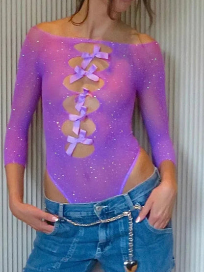 Glitter Diamonds Sparkling Bow Bodysuit Purple S