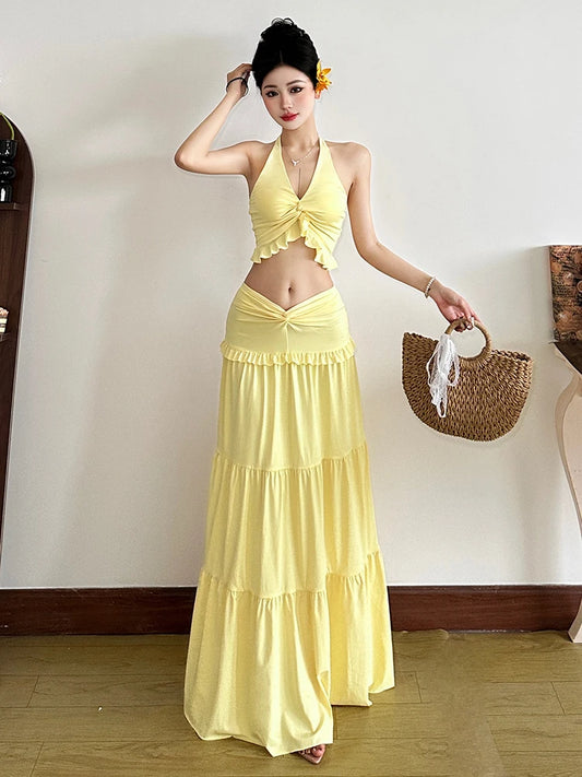 Two Piece Set Halter Backless Crop Camisole Waist Ruffles Long Skirt Ruched Street Suits