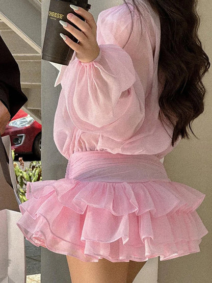 Ruffled See-Through Mini Dress with Lantern Sleeves Pink
