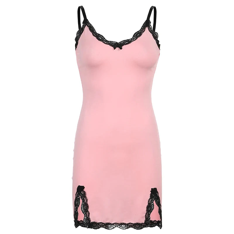 Contrast-color Patchwork Dress Lace Spaghetti Strap Bodycon Backless Dress
