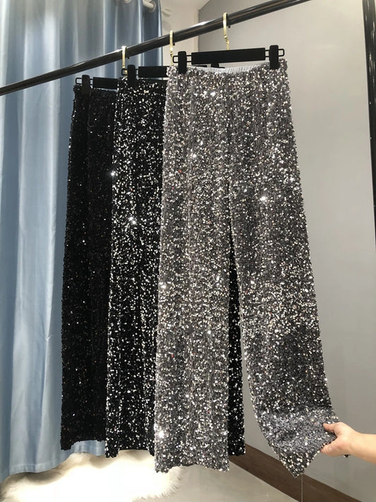 The Trendy Sparkling Gold Pants Relaxation of Tall Waist Wide-legged Pants South Korean