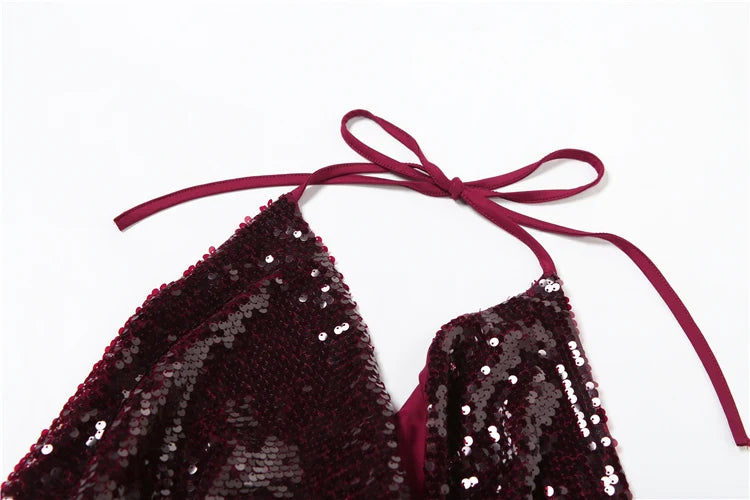 Claret Sequins Backless Swing Collar Top