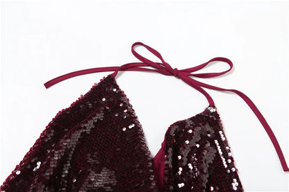 Claret Sequins Backless Swing Collar Top