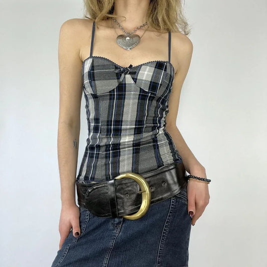 Plaid Patchwork Slim Sleeveless Top