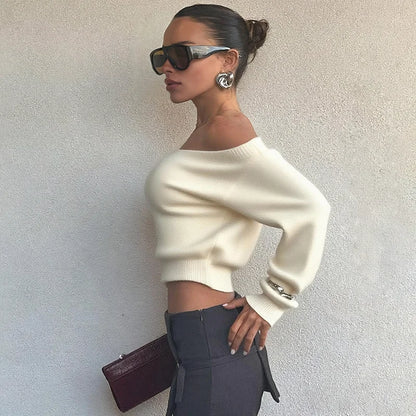Inclined Shoulder Long Sleeve Slim Sweater