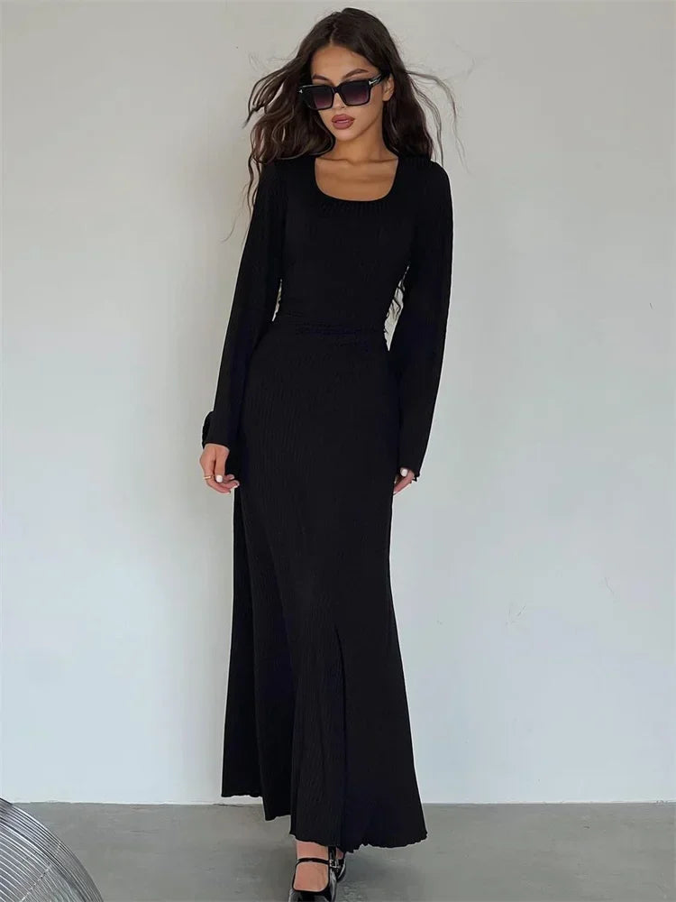 Ribbed Long Sleeve Slim Maxi Dress