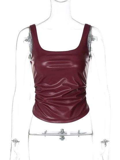 Wine R PU Leather Square Collar Vest Top Wine Red