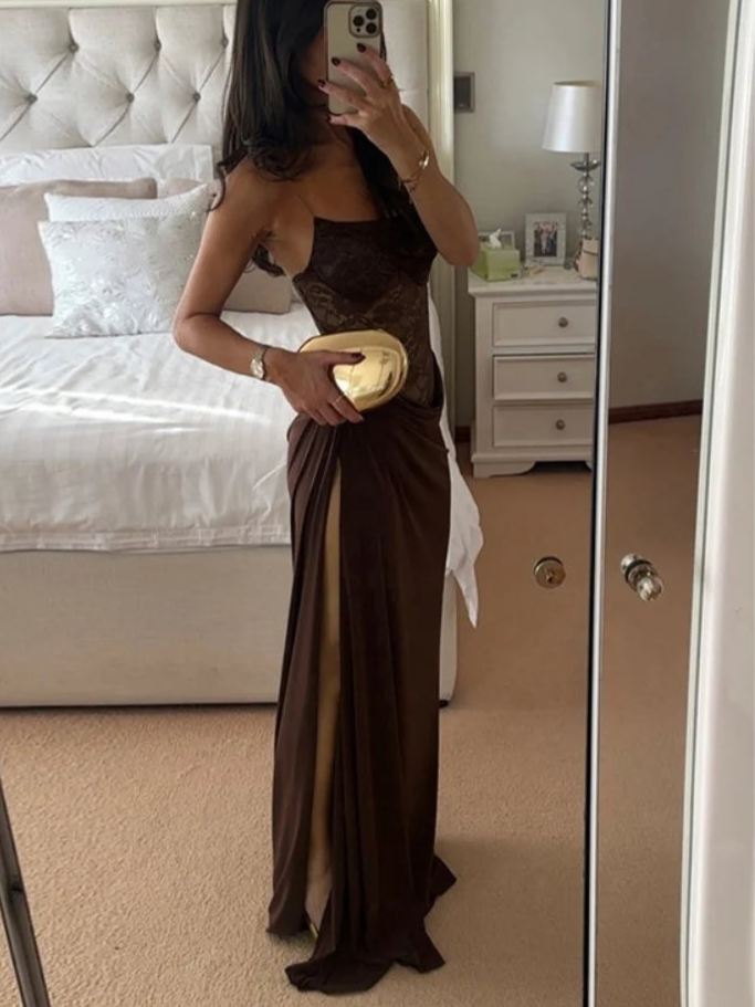 See Through Lace One Shoulder High Slit Maxi Dress