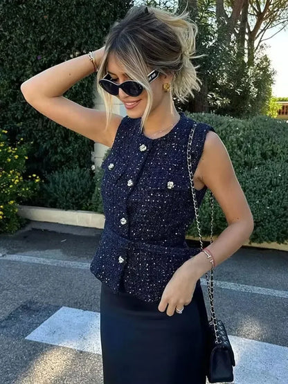 Sequin Twe Vest Coat with Belt - O Neck Sleeveless Jacket