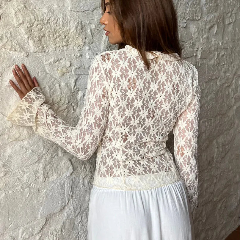 Sheer Lace Floral Flare Sleeve Top
