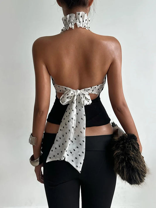 Black Mesh Halter Patchwork Polka Dots Backless Top