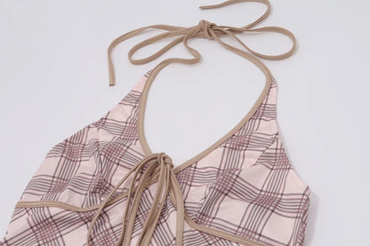Plaid Halter Dress with Lace-up V-Neck