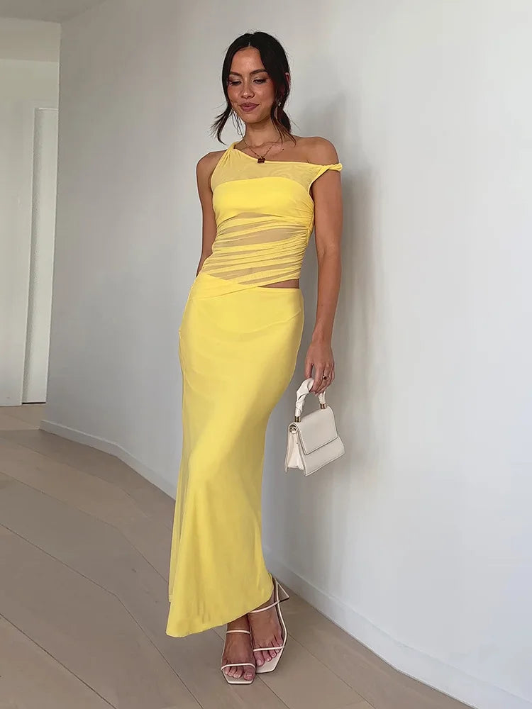 Slanted Shoulder Hollow Long Dress Solid Splice Slim Dress