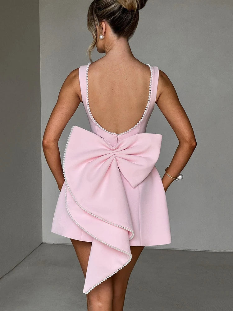 Pearl Bow Backless Mini Dress Zipper Sleeveless High Waist A-line Dress