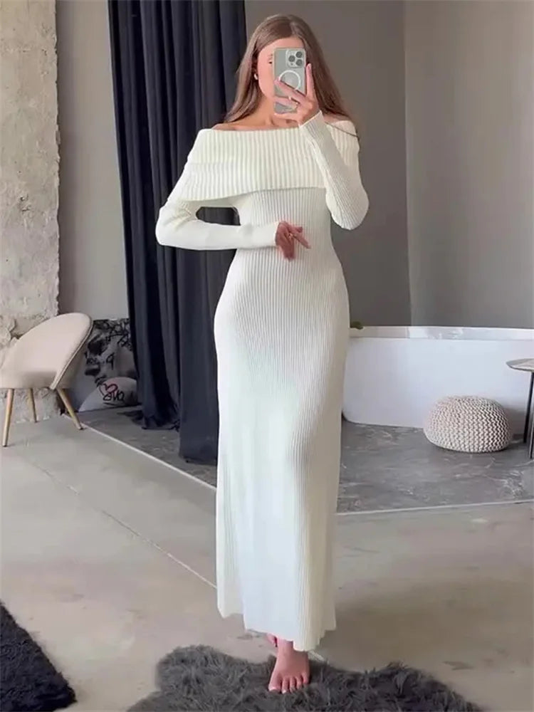 Knit Long Dress Off-Shoulder Ribbed Loose High Waist Dress Ladies Knit Maxi Dress