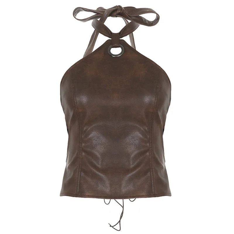 Leather Backless Halter Top