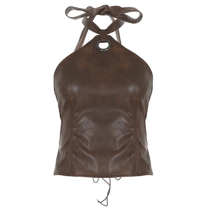 Leather Backless Halter Top