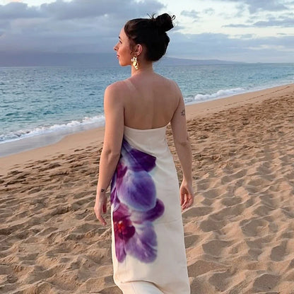 S Floral Print Long Dress - Strapless Sleeveless Backless