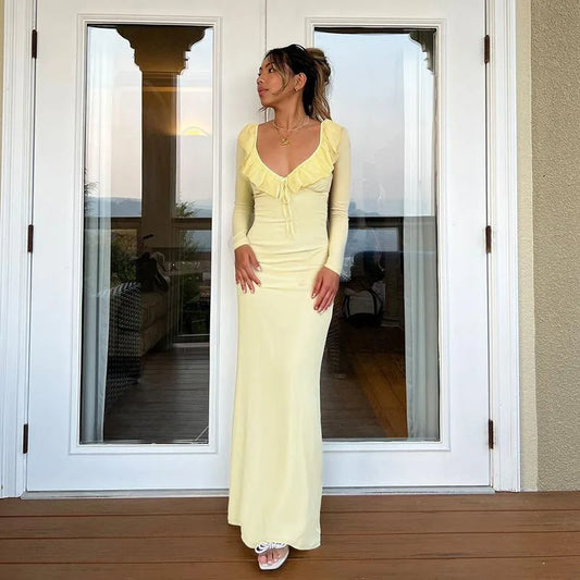 Yellow Ruffled V-Neck Long Sleeve Maxi Dress