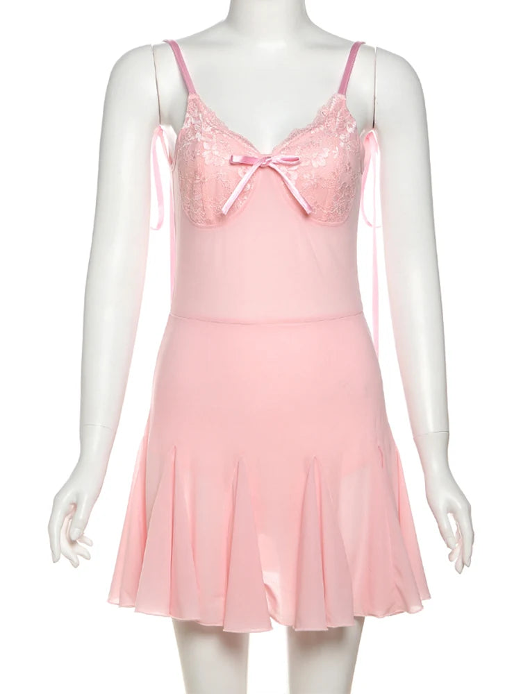 Lace Patchwork Dress Backless Bow Lace-Up Sleeveless Thinny Pleat Solid Mini Bodycon