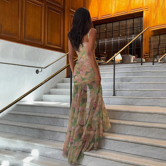 Green Floral Bodycon Split Maxi Dress