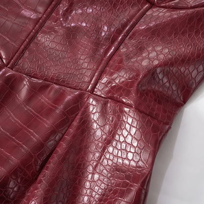 Crocodile Leather Mini Dress - V-Neck Sheath Dress