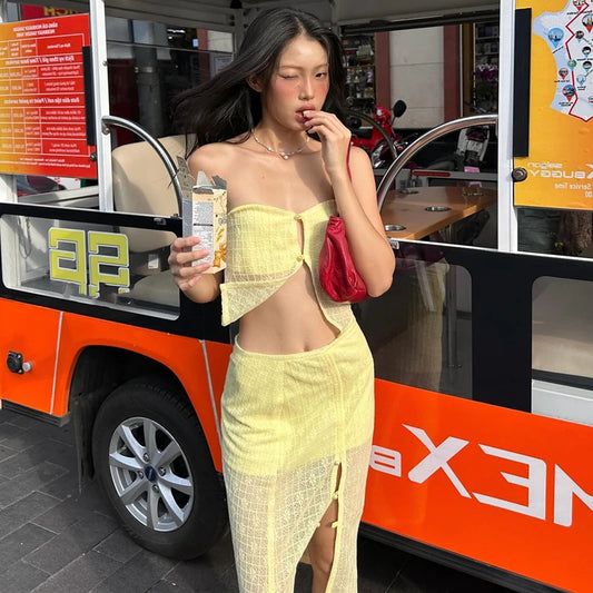 Yellow Strapless Crop Top and High Waist Midi Skirt Set