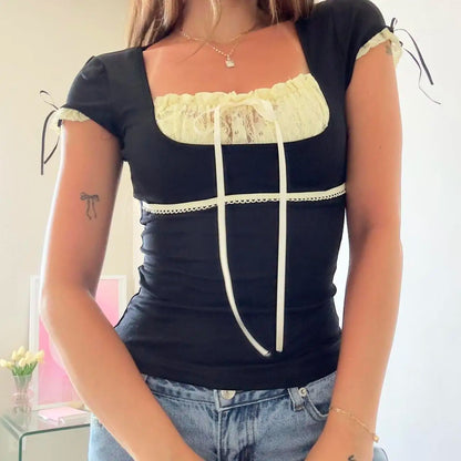 Square Collar Lace Kawaii Top Fairycore Patchwork Grunge Slim Tee Shirts