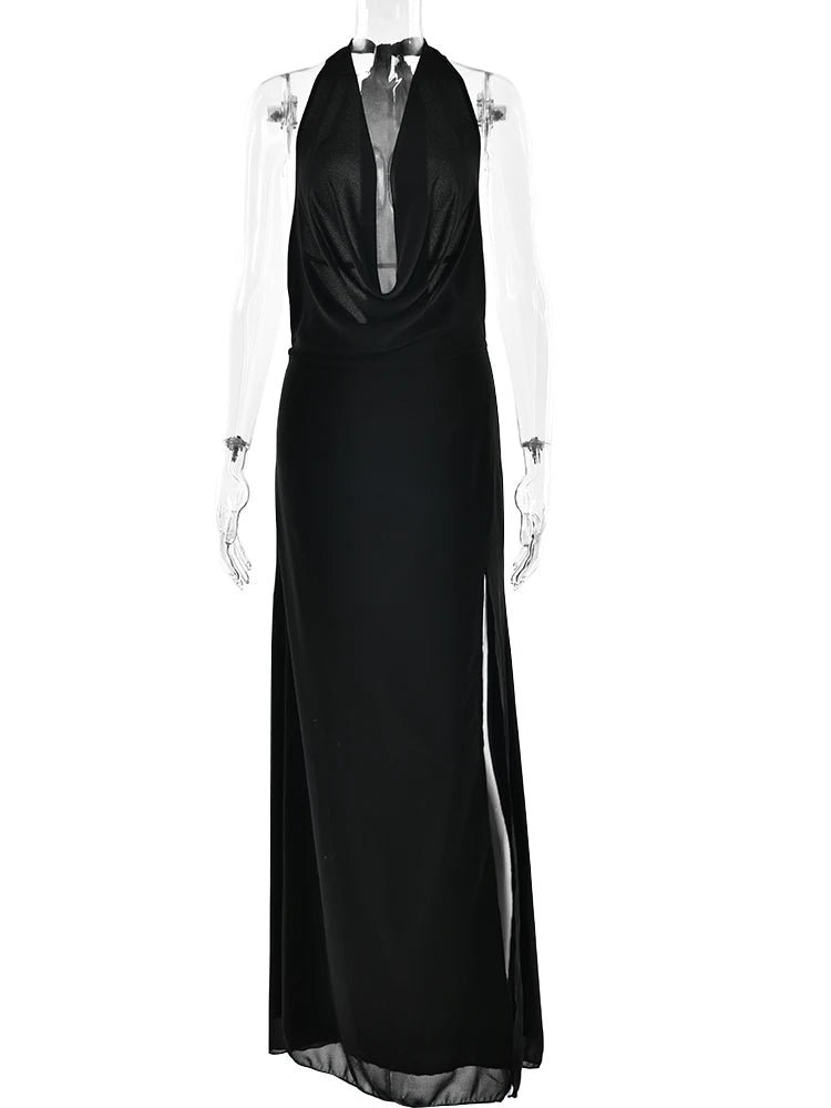 High Slit Halter Maxi Dress Black Backless Deep V-neck Dress