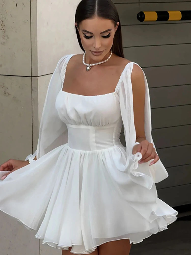 Square Collar Hollow Out Dress White Long Sleeve Mini Dress Slim Dress