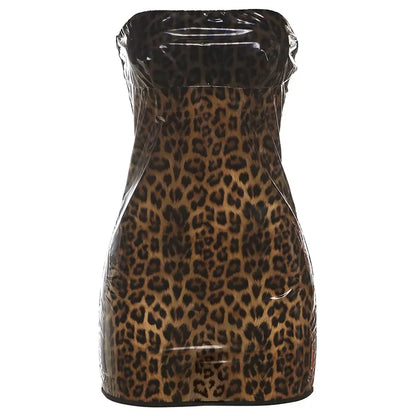 Leopard Print Strapless Mini Dress Brown