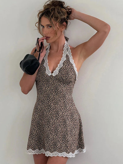 Patchwork Backless Leopard Lace Halter Dress